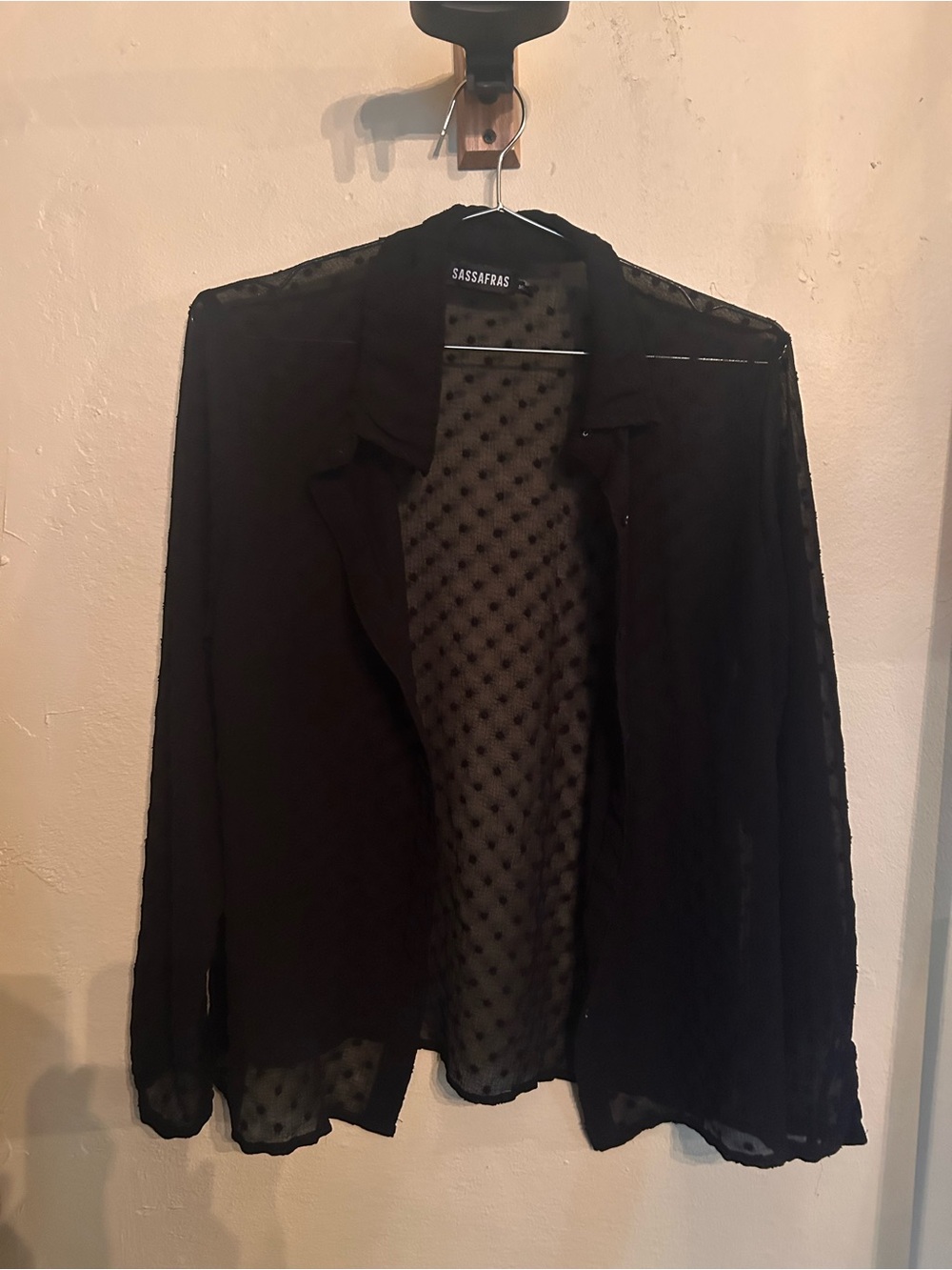Sassafras Black Sheer Dotted Button-Down Shirt